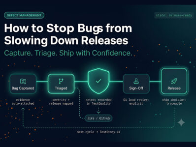 How to Stop Bugs from Slowing Down Releases | Defect Management Pipeline Defect management pipeline diagram showing five stages from bug capture to release sign-off with TestQuality integration