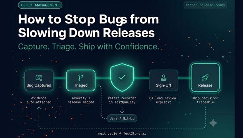 How to Stop Bugs from Slowing Down Releases | Defect Management Pipeline Defect management pipeline diagram showing five stages from bug capture to release sign-off with TestQuality integration