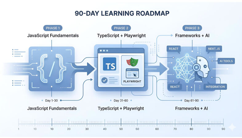 Agentic Testing and QA 90-day Playwright roadmap split into three phases: JavaScript, TypeScript and Playwright, frameworks and AI | TestQuality