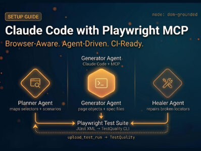 Claude Code with Playwright MCP — Agentic AI Test Automation Setup Guide Claude Code with Playwright MCP agentic test automation architecture showing planner, generator, and healer agent lanes feeding into a Playwright test suite with TestQuality CLI integration